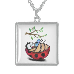 Happy Little Ladybug mit Telefon - Cartoon Zeichne Sterling Silberkette