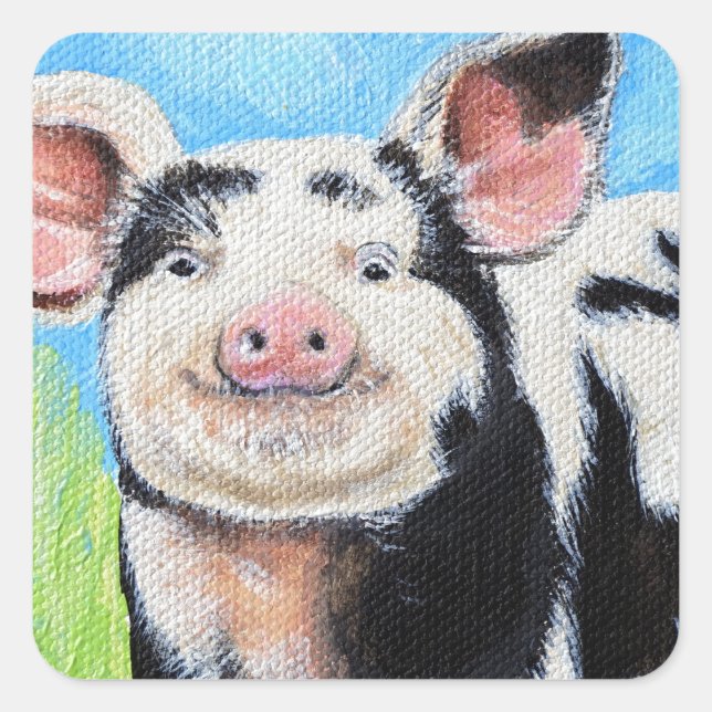 Happy Little Pig Painting Quadratischer Aufkleber (Vorderseite)