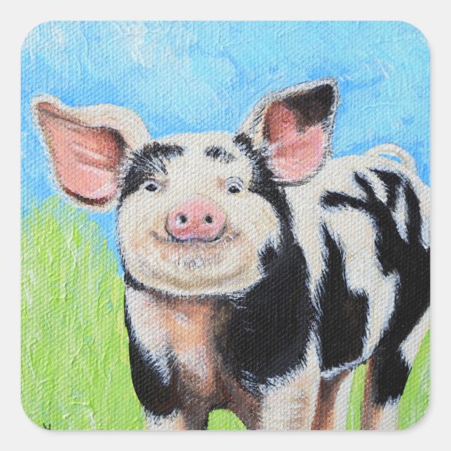 Happy Little Pig Painting Quadratischer Aufkleber (Vorderseite)