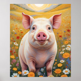 Happy Little Pig Sunny Daisy Field Poster