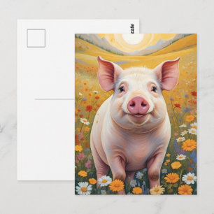 Happy Little Pig Sunny Daisy Field Postkarte
