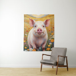 Happy Little Pig Sunny Daisy Field Wandteppich