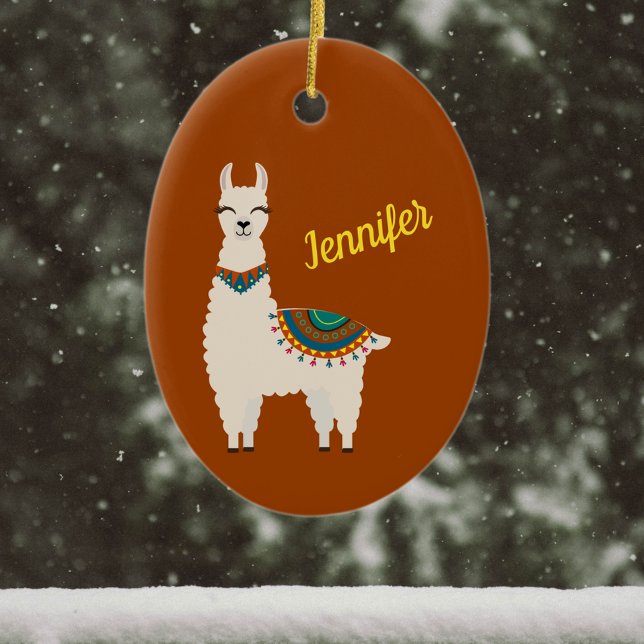 Happy Llama with Name on Red Ceramic Ornament (Von Creator hochgeladen)