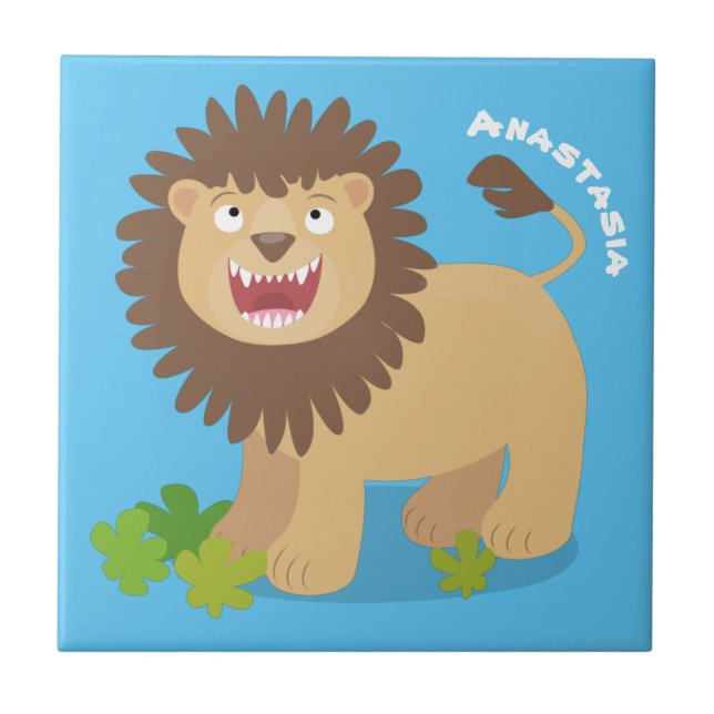 Happy Löwe brüllend Cartoon Illustration Fliese (Vorderseite)