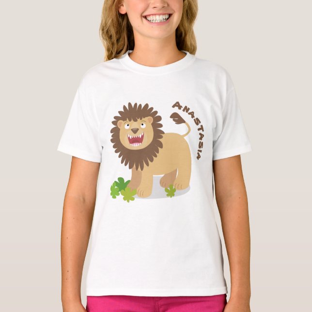 Happy Löwe brüllend Cartoon Illustration T-Shirt (Vorderseite)