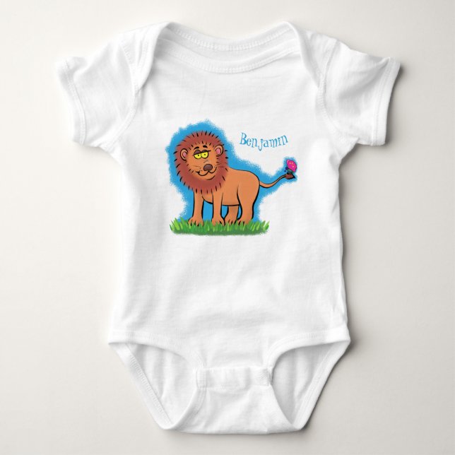 Happy Löwe mit Schmetterling-Cartoon-Abbildung Baby Strampler (Vorderseite)