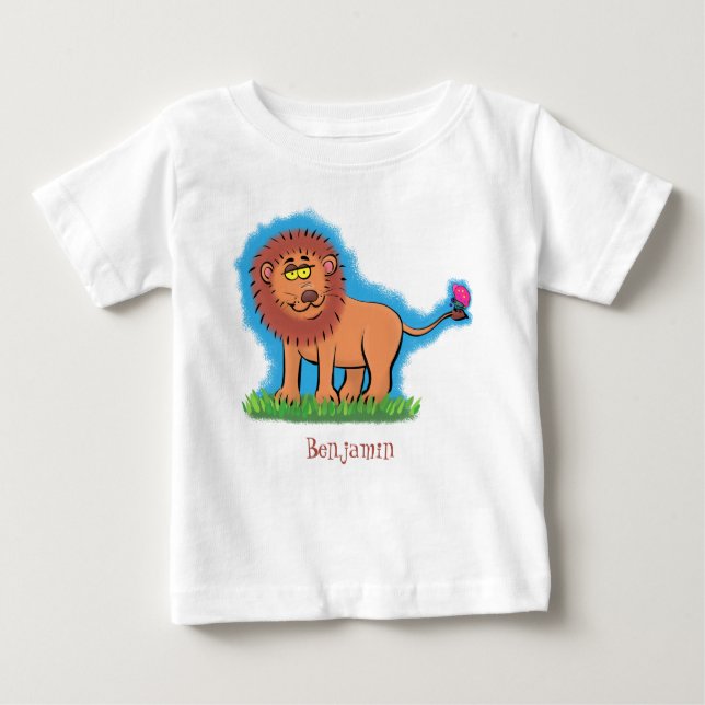 Happy Löwe mit Schmetterling-Cartoon-Abbildung Baby T-shirt (Vorderseite)