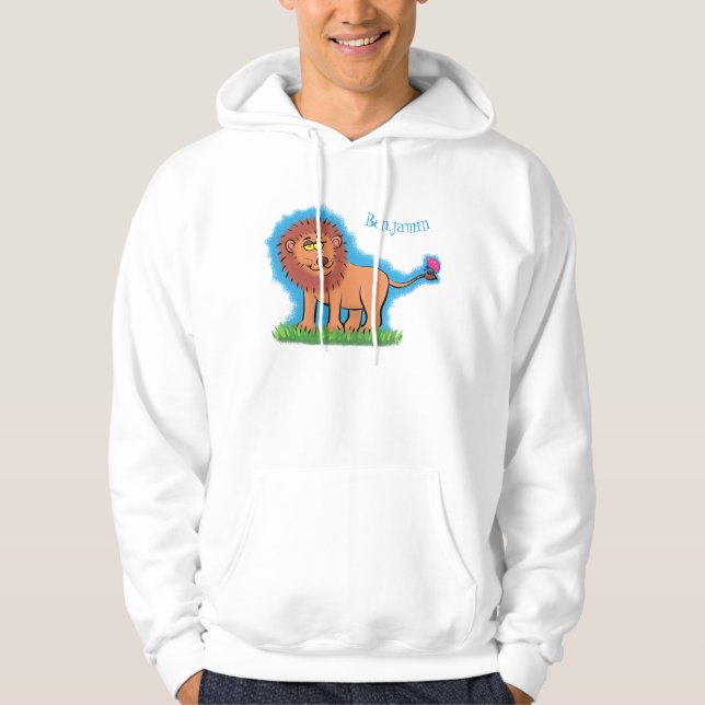 Happy Löwe mit Schmetterling-Cartoon-Abbildung Hoodie (Vorderseite)
