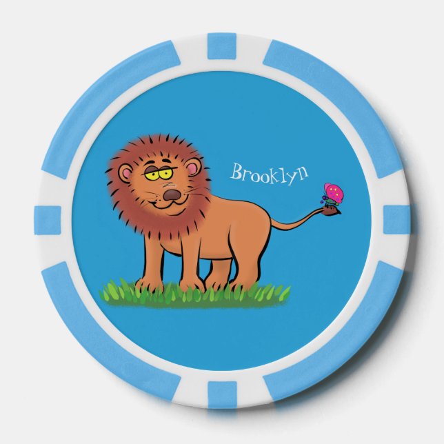 Happy Löwe mit Schmetterling-Cartoon-Abbildung Pokerchips (Vorderseite)