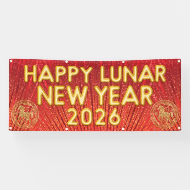 Happy Lunar New Year 2026 Horse Red Gold Vinyl Banner (Horizontal)