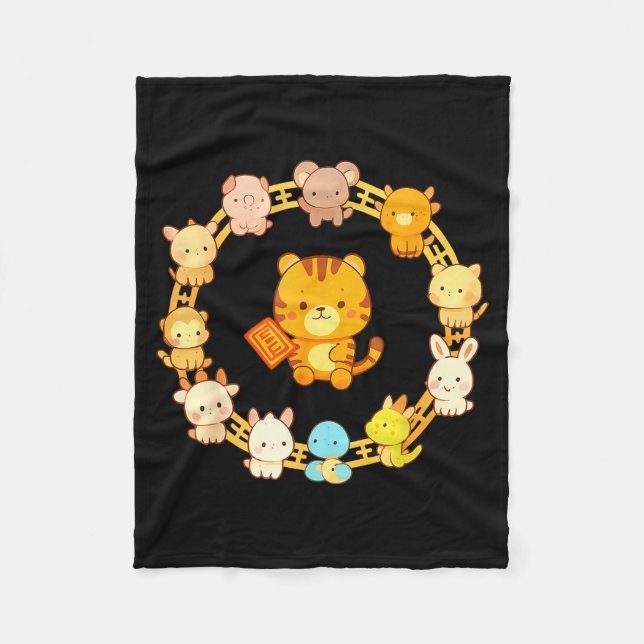 Happy Lunar New Year Animals 12 Chinese Zodiac Sig Fleecedecke (Vorderseite)