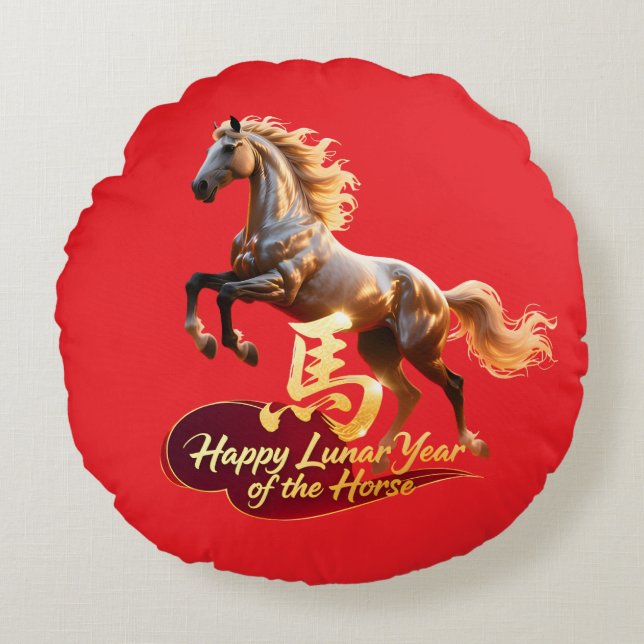 Happy Lunar New Year Majestic Golden Horse  Rundes Kissen (Vorderseite)