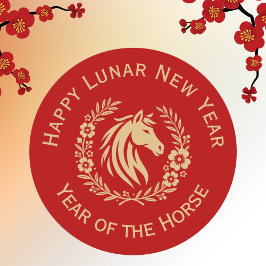 Happy Lunar New Year of the Horse Wreath Flowers Runder Aufkleber
