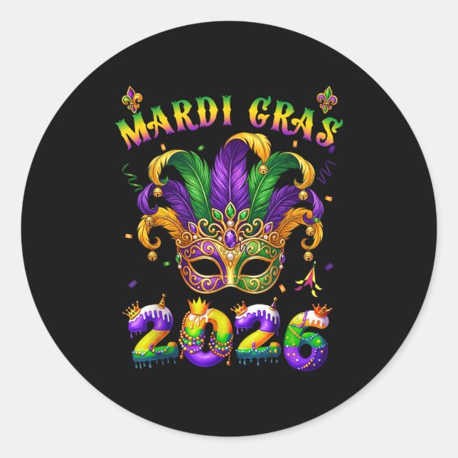 Happy Mardi Gras 2026 Jester Hat New Orleans Men W Runder Aufkleber (Vorderseite)