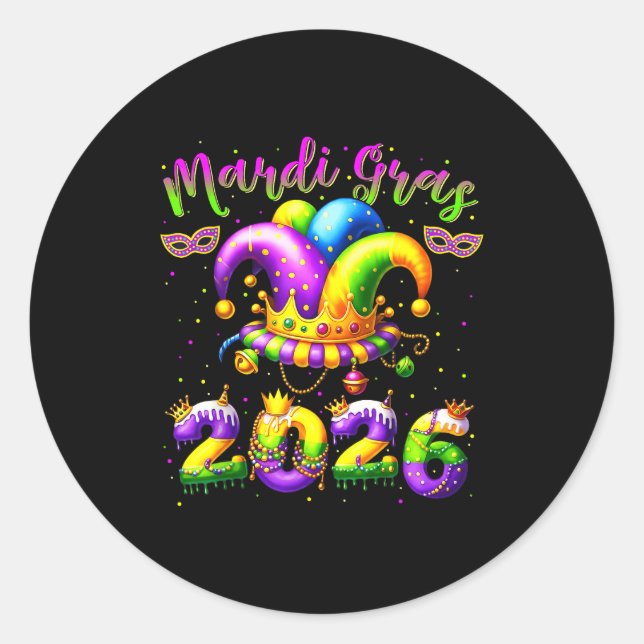 Happy Mardi Gras 2026 Jester Hat New Orleans Men W Runder Aufkleber (Vorderseite)