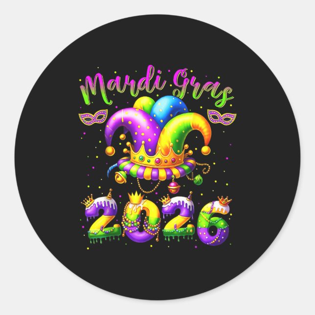 Happy Mardi Gras 2026 Jester Hat New Orleans Men W Runder Aufkleber (Vorderseite)