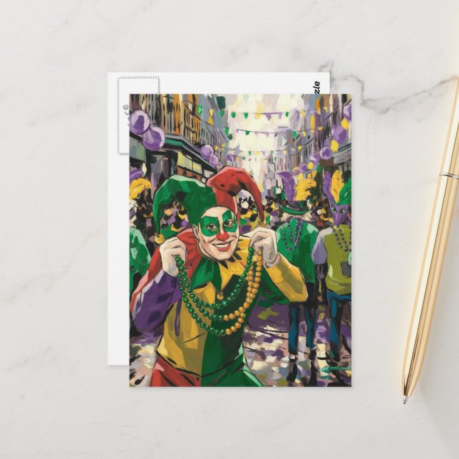 Happy Mardi Gras Jester Postkarte (Vorderseite/Rückseite Beispiel)