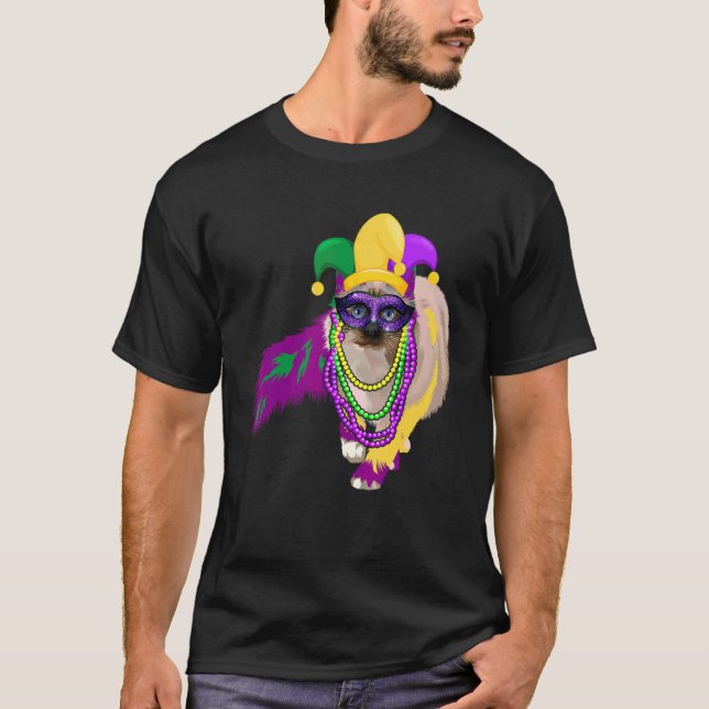 Happy Mardi Gras Niedlich Cat Wearing Beads Jester T-Shirt (Vorderseite)