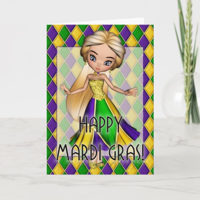 Happy Mardi Gras Party Girl Grußkarte Karte (Vorderseite)