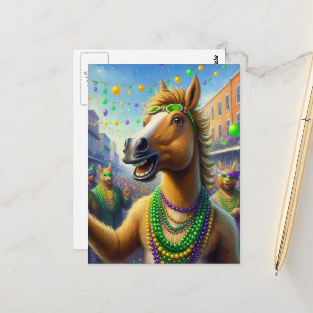 Happy Mardi Gras Pferd mit Perlen Postkarte (Vorderseite/Rückseite Beispiel)