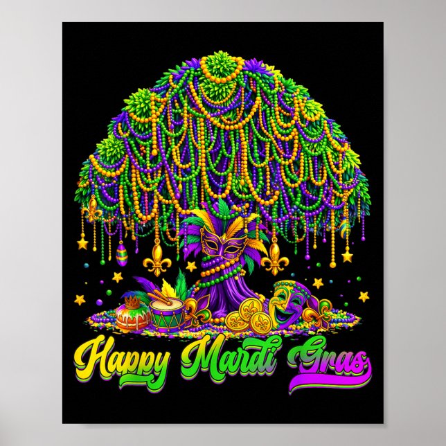 Happy Mardi Gras Tree Beads Mask Carnival New Orle Poster (Vorne)