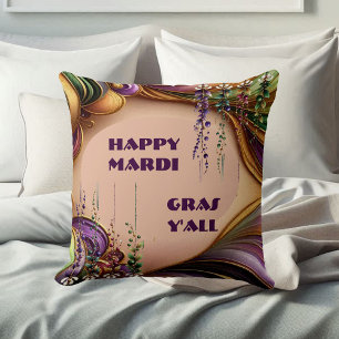 Happy Mardi Gras Y'All Lila Green Gold Colors Kissen