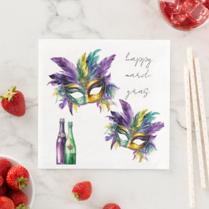 Happy Mardis Gras Feathered Masken und Flaschen Serviette