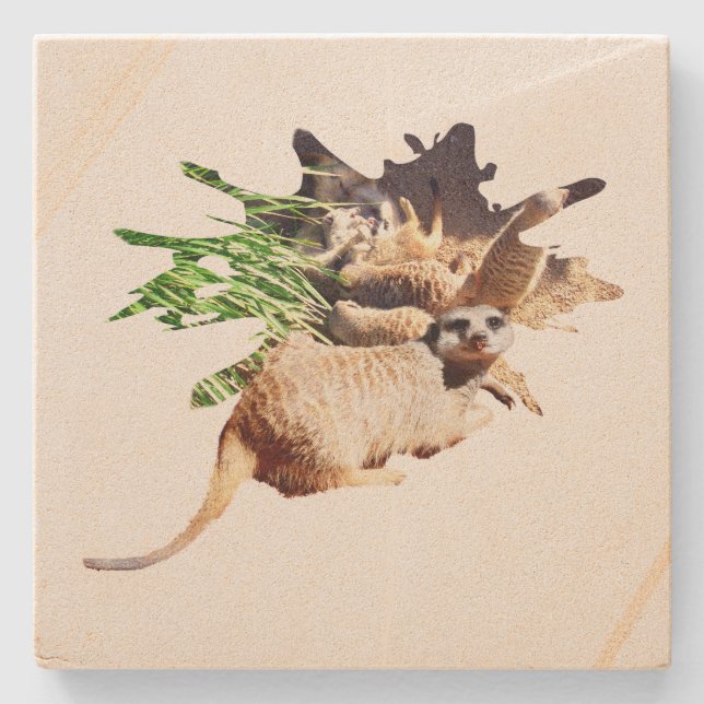 Happy Meerkat with Pups, Steinuntersetzer (Vorderseite)
