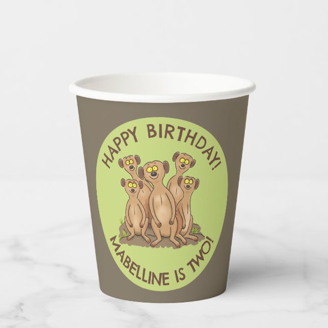 Happy meerkats personalisiert Geburtstag Cartoon Pappbecher (Vorderseite)