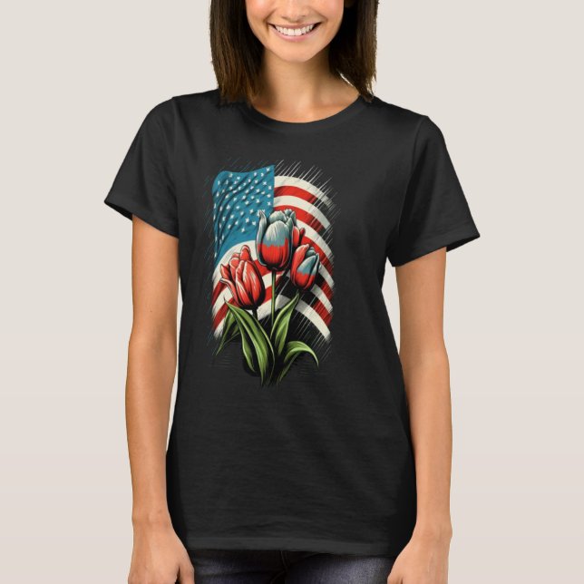 Happy Memorial Day Tulips Flower American Flag 4th T-Shirt (Vorderseite)