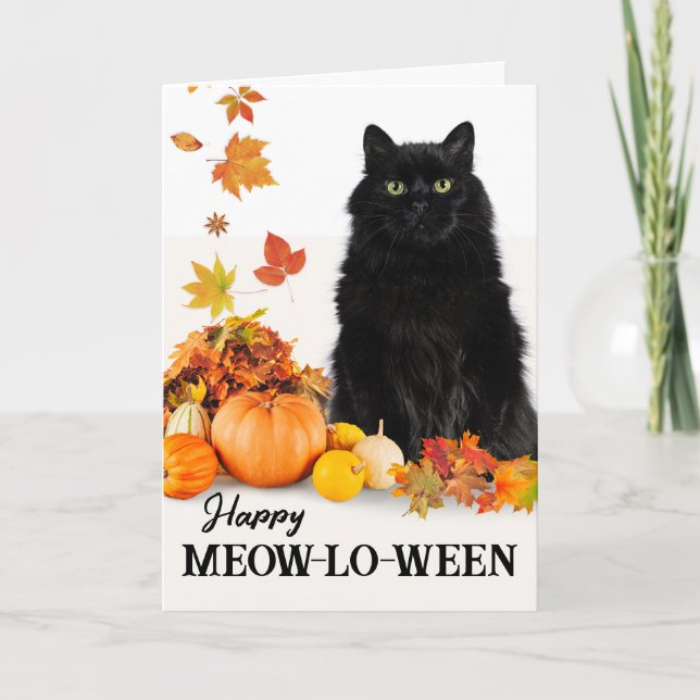 Happy Meow-lo-ween mit Halloween Black Cat Karte (Vorderseite)