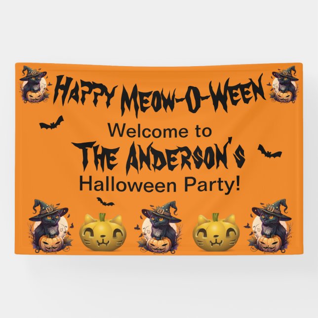 Happy Meow-O-Ween Black Cat Jack-o-Lantern Orange Banner (Horizontal)
