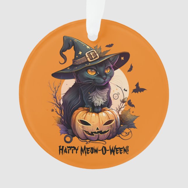 "Happy Meow-O-Ween" Black Cat & Jack-o-Lantern Ornament (Vorderseite)