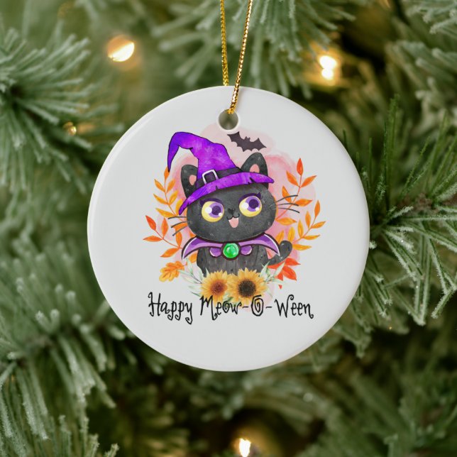Happy Meow-o-ween - Black Hexenkatze Keramik Ornament (Baum)