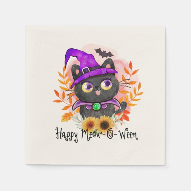 Happy Meow-o-ween - Black Hexenkatze Serviette (Vorderseite)