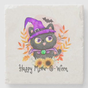 Happy Meow-o-ween - Black Hexenkatze Steinuntersetzer