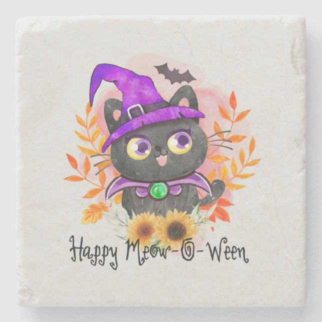 Happy Meow-o-ween - Black Hexenkatze Steinuntersetzer (Vorderseite)