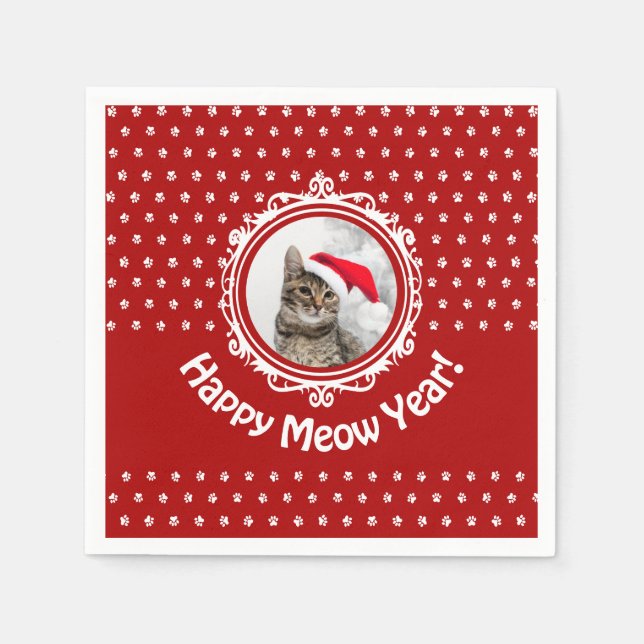 "Happy Meow Year!" Cat Christmas Paper Napkin Serviette (Vorderseite)