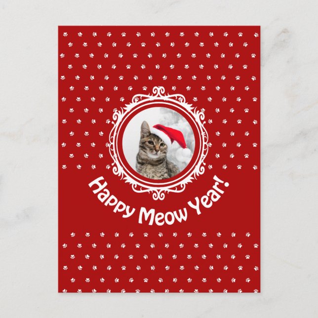 'Happy Meow Year' Red Cat Lover Weihnachtsfeiertag Postkarte (Vorderseite)