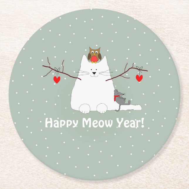 "Happy Meow Year"! Schneekatze Runder Pappuntersetzer (Vorderseite)