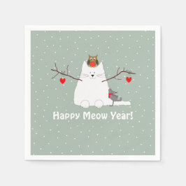 "Happy Meow Year"! Schneekatze Serviette