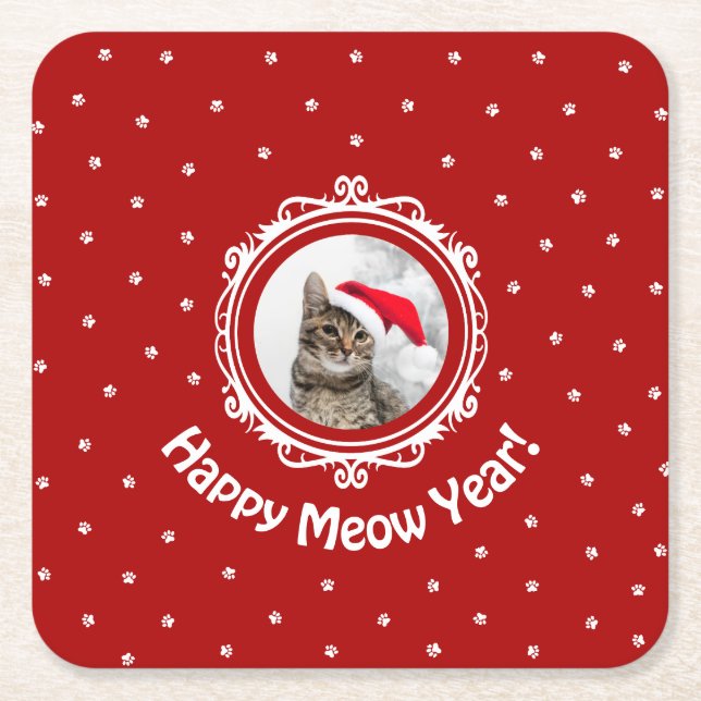 "Happy Meow Year"! Weihnachtskatzenpapier-Unterset Rechteckiger Pappuntersetzer (Vorderseite)