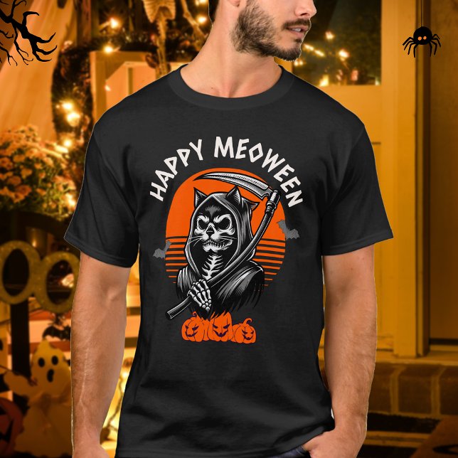 Happy Meoween Spooky Grim Sensenmann Cat Halloween T-Shirt (Von Creator hochgeladen)