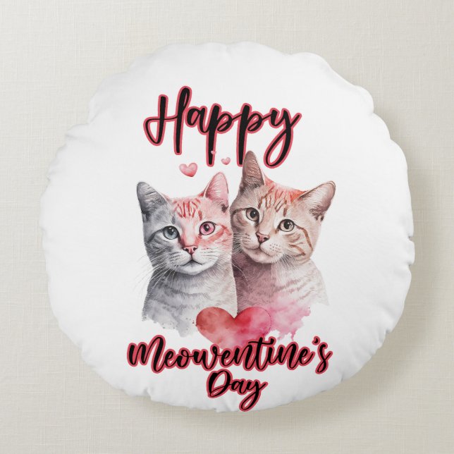 Happy Meowentine's Day Cat Couple Valentine Rundes Kissen (Vorderseite)