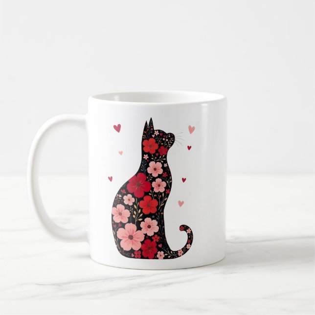 Happy Meowentine's Day Floral Cat Valentinstag Kaffeetasse (Links)