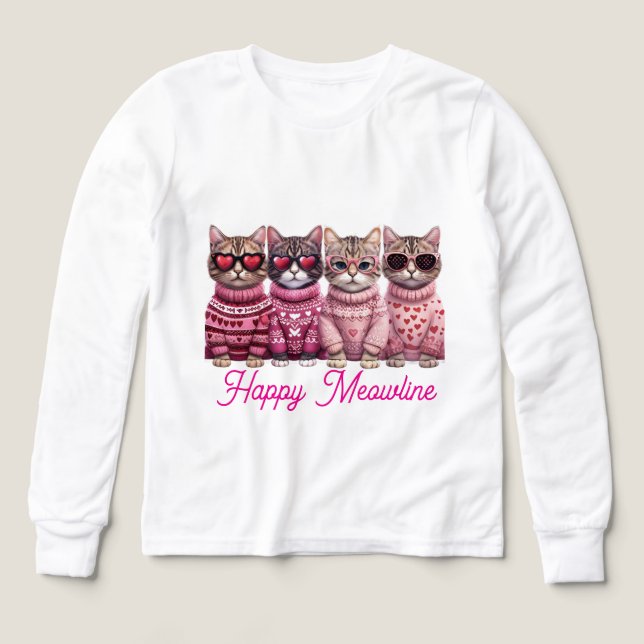 Happy Meowlines Cute Cat Long Sleeve T-Shirt (Design Vorderseite)