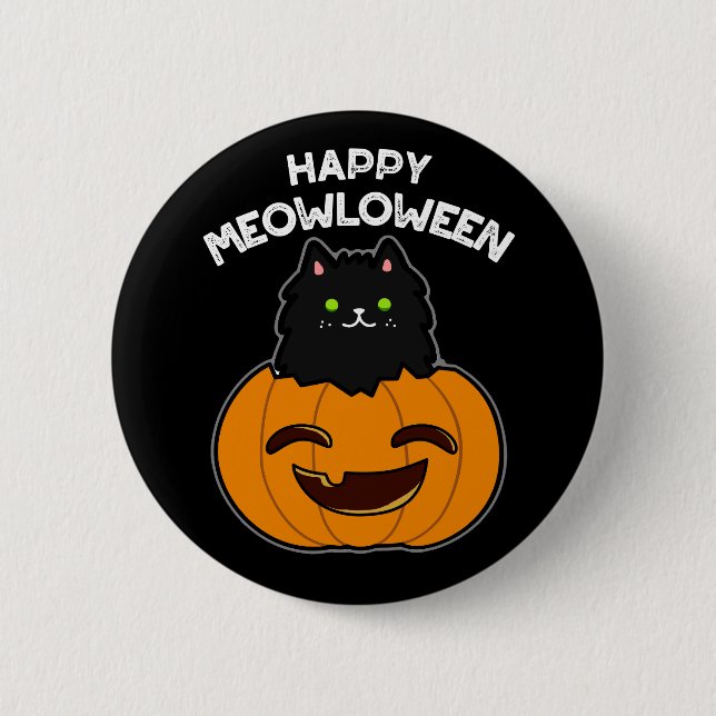 Happy Meowloween Black Cat Pun Dark BG Button (Vorderseite)