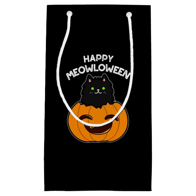 Happy Meowloween Black Cat Pun Dark BG Kleine Geschenktüte (Vorderseite)
