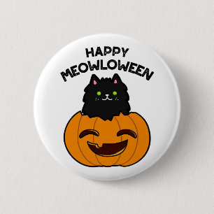 Happy Meowloween Funny Halloween Black Cat Puff Button