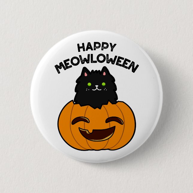 Happy Meowloween Funny Halloween Black Cat Puff Button (Vorderseite)